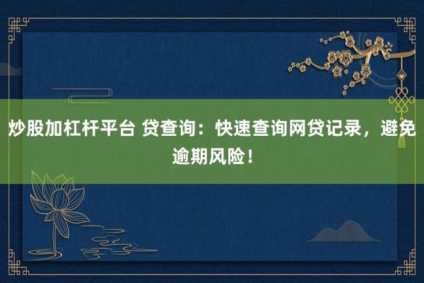 炒股加杠杆平台 贷查询：快速查询网贷记录，避免逾期风险！